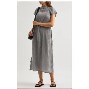 Eileen Fisher Petite Plissé Dress Funnel Neck Drawstring Waist Side Slit